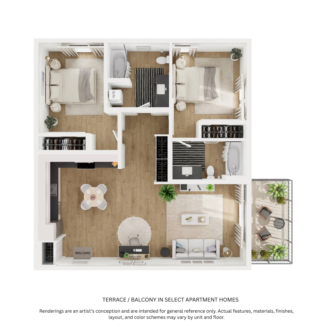 Floor plan for 2 beds, 2 baths, 959 sqft